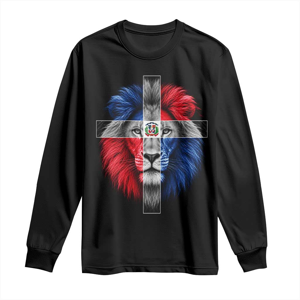 Lion of Judah Cross Dominican Republic Flag Long Sleeve Shirt Christian Faith Dominican Pride