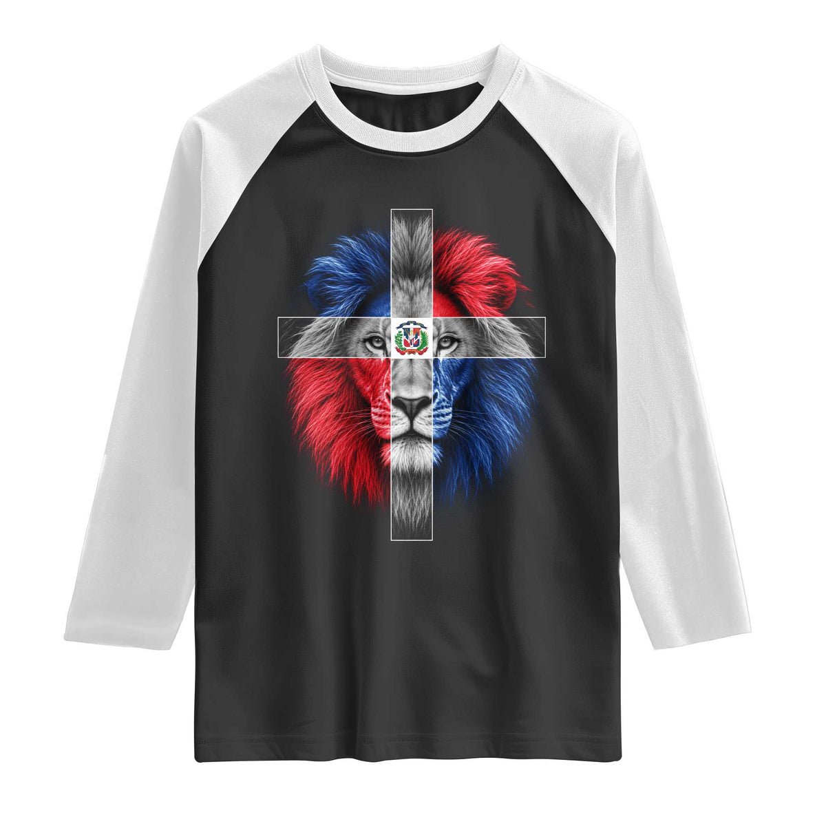 Lion of Judah Cross Dominican Republic Flag Raglan Shirt Christian Faith Dominican Pride