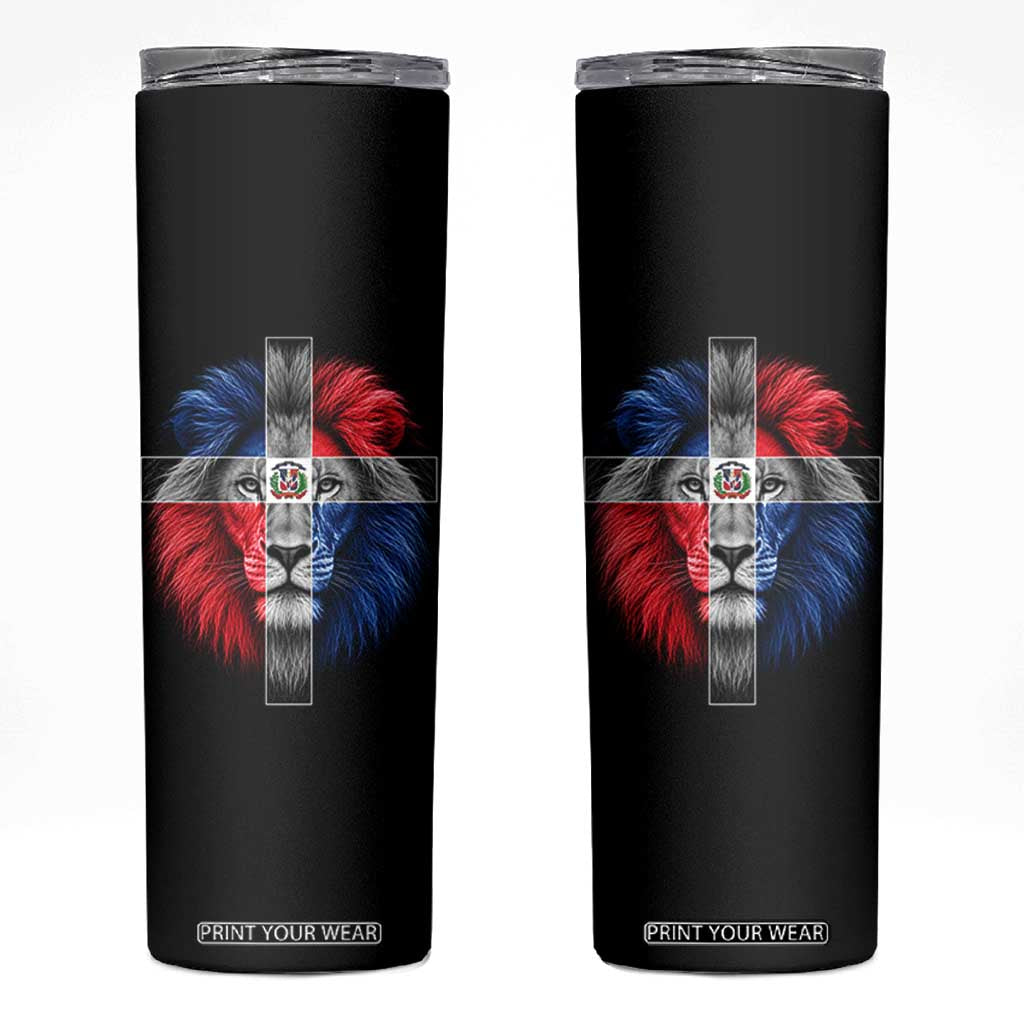 Lion of Judah Cross Dominican Republic Flag Skinny Tumbler Christian Faith Dominican Pride