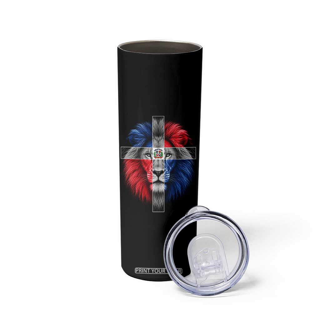 Lion of Judah Cross Dominican Republic Flag Skinny Tumbler Christian Faith Dominican Pride