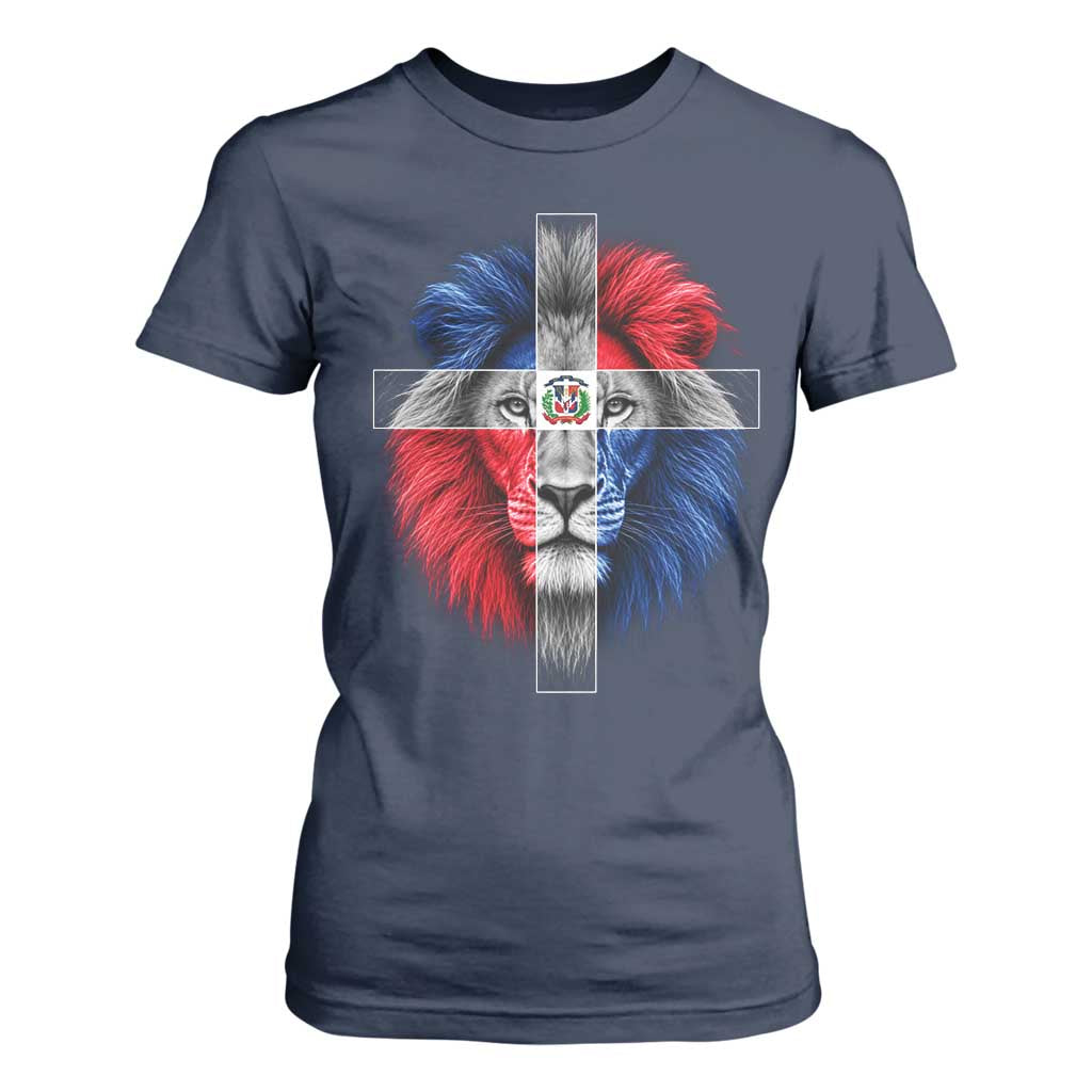 Lion of Judah Cross Dominican Republic Flag T Shirt For Women Christian Faith Dominican Pride
