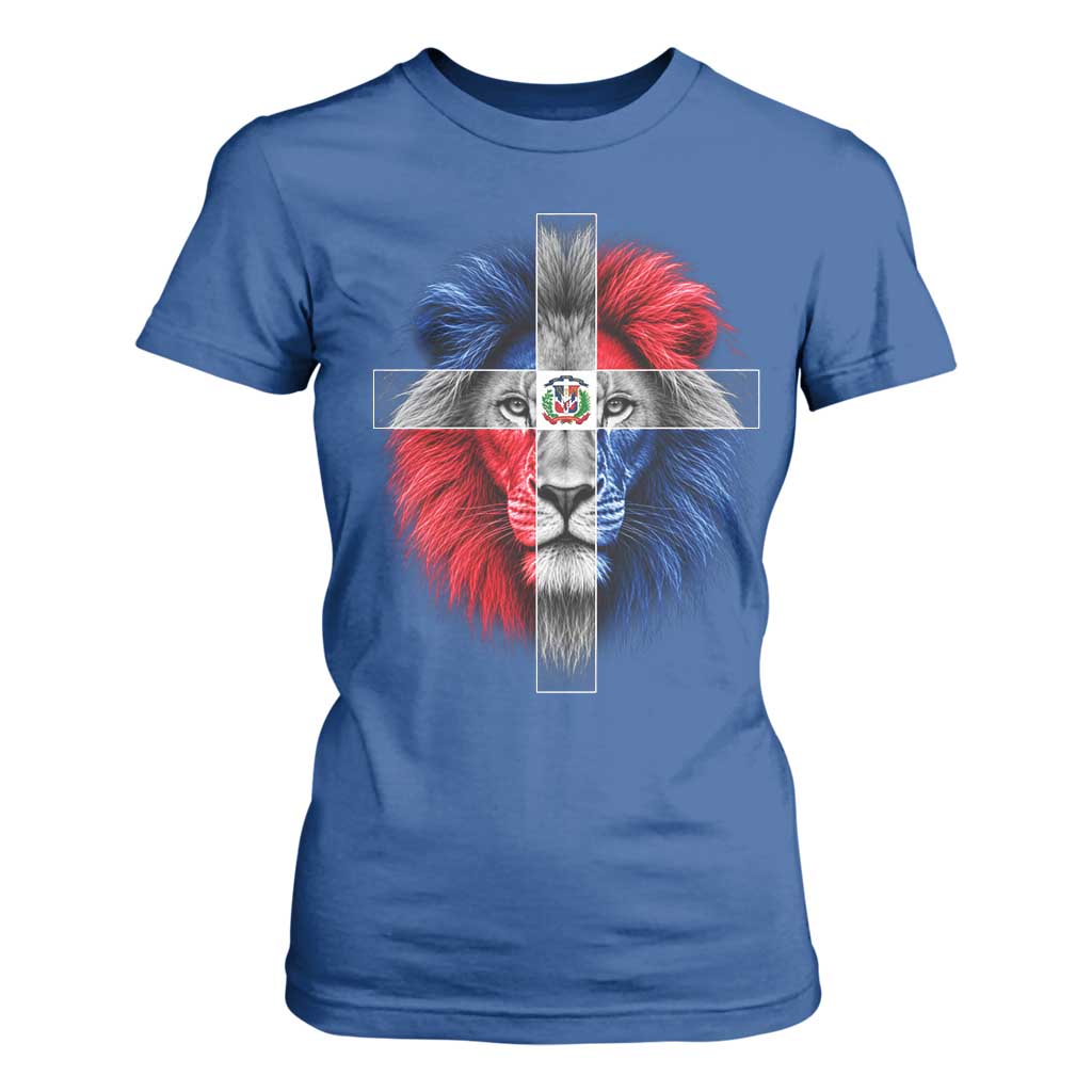 Lion of Judah Cross Dominican Republic Flag T Shirt For Women Christian Faith Dominican Pride
