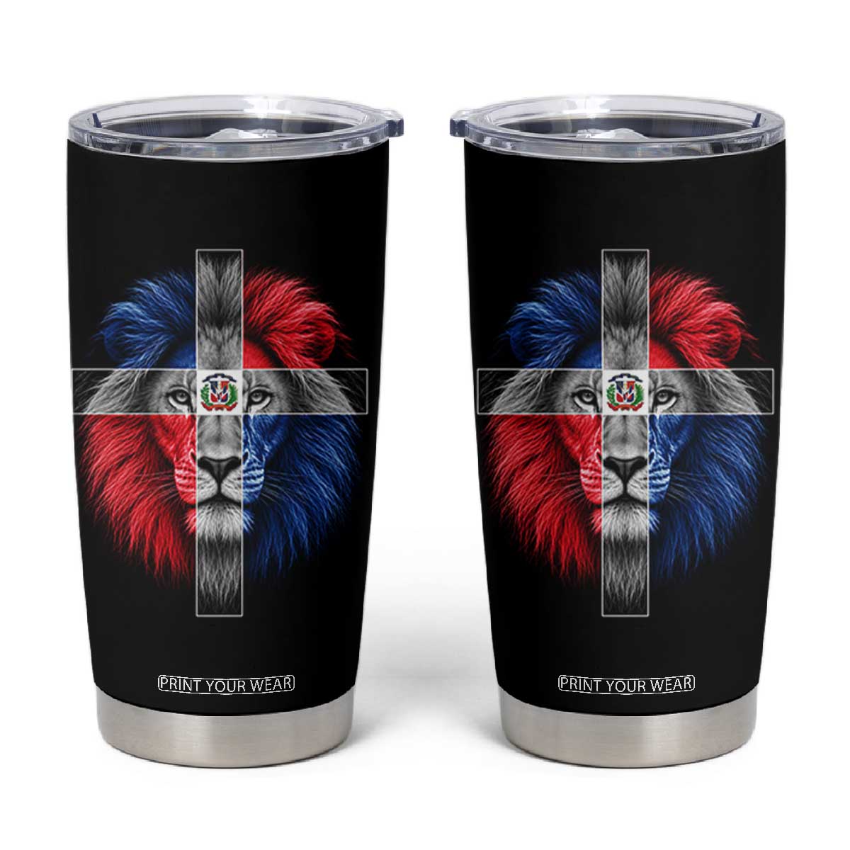 Lion of Judah Cross Dominican Republic Flag Tumbler Cup Christian Faith Dominican Pride
