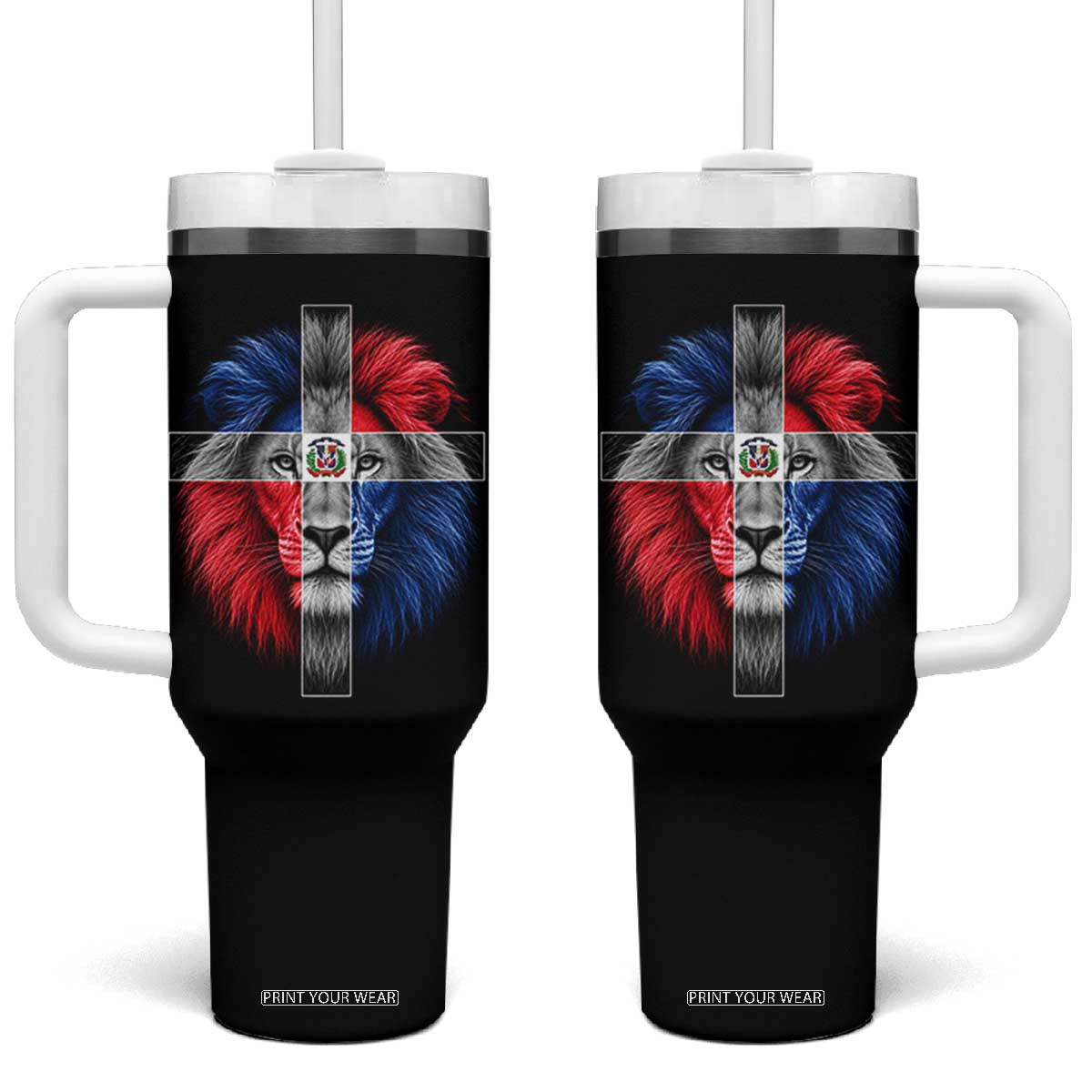Lion of Judah Cross Dominican Republic Flag Tumbler With Handle Christian Faith Dominican Pride TS10 One Size: 40 oz Black Print Your Wear