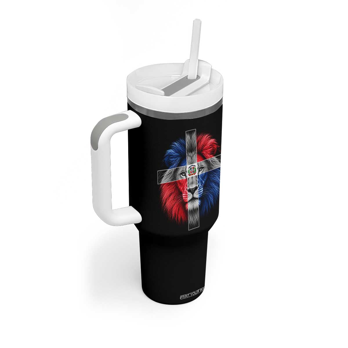 Lion of Judah Cross Dominican Republic Flag Tumbler With Handle Christian Faith Dominican Pride