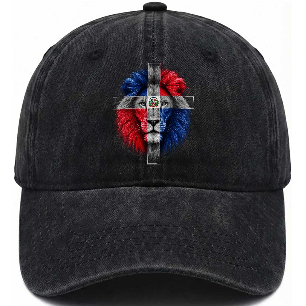 Lion of Judah Cross Dominican Republic Flag Washed Cotton Baseball Cap Christian Faith Dominican Pride TS10 Print Your Wear
