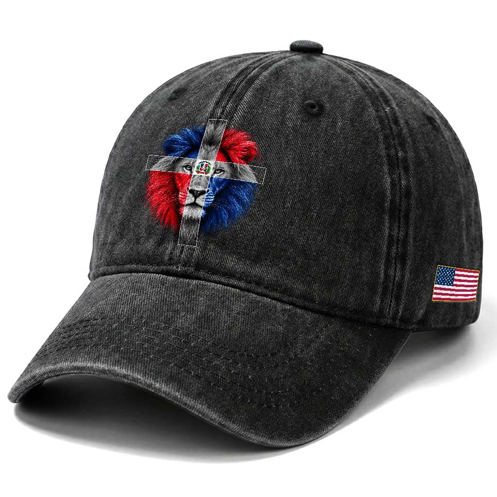 Lion of Judah Cross Dominican Republic Flag Washed Cotton Baseball Cap Christian Faith Dominican Pride