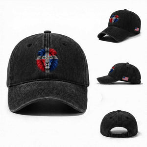 Lion of Judah Cross Dominican Republic Flag Washed Cotton Baseball Cap Christian Faith Dominican Pride