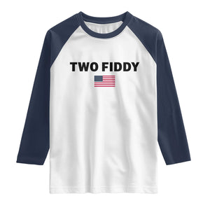 Two Fiddy American Flag Raglan Shirt Funny 250th America Celebration Patriotic Graphic