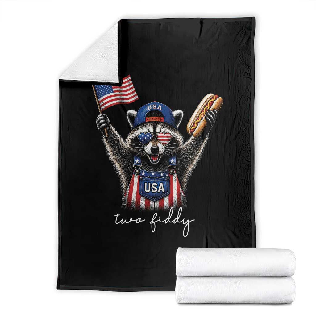 Funny Two Fiddy Raccoon Patriotic Throw Blanket USA Flag Hot Dog Fourth of July USA 250th Anniversary