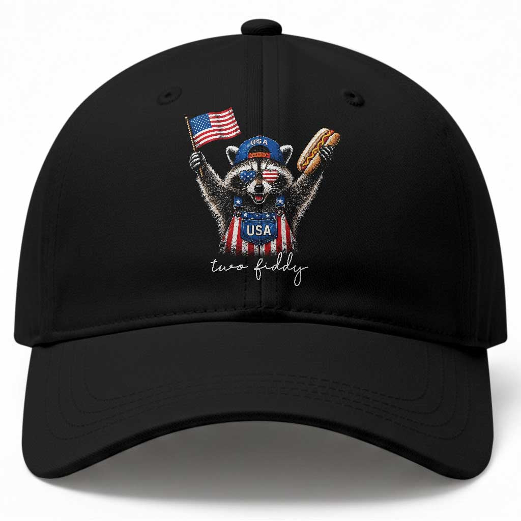 Funny Two Fiddy Raccoon Patriotic Baseball Cap USA Flag Hot Dog Fourth of July USA 250th Anniversary