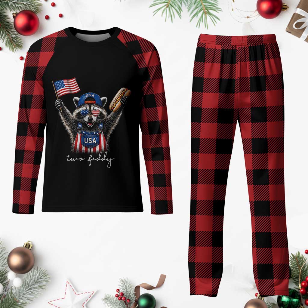 Funny Two Fiddy Raccoon Patriotic Plaid Pajama Set USA Flag Hot Dog Fourth of July USA 250th Anniversary