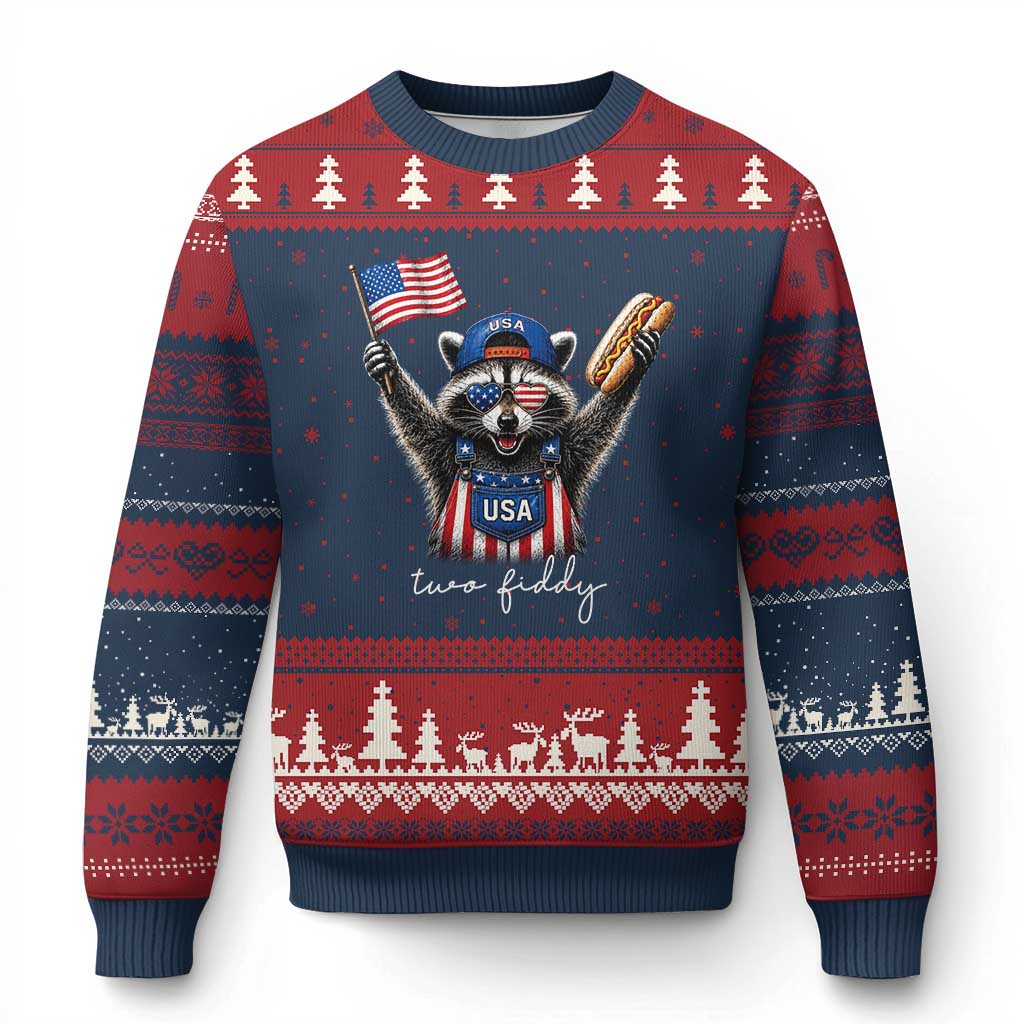 Funny Two Fiddy Raccoon Patriotic Ugly Christmas Sweater USA Flag Hot Dog Fourth of July USA 250th Anniversary TS10 Navy Red Print Your Wear