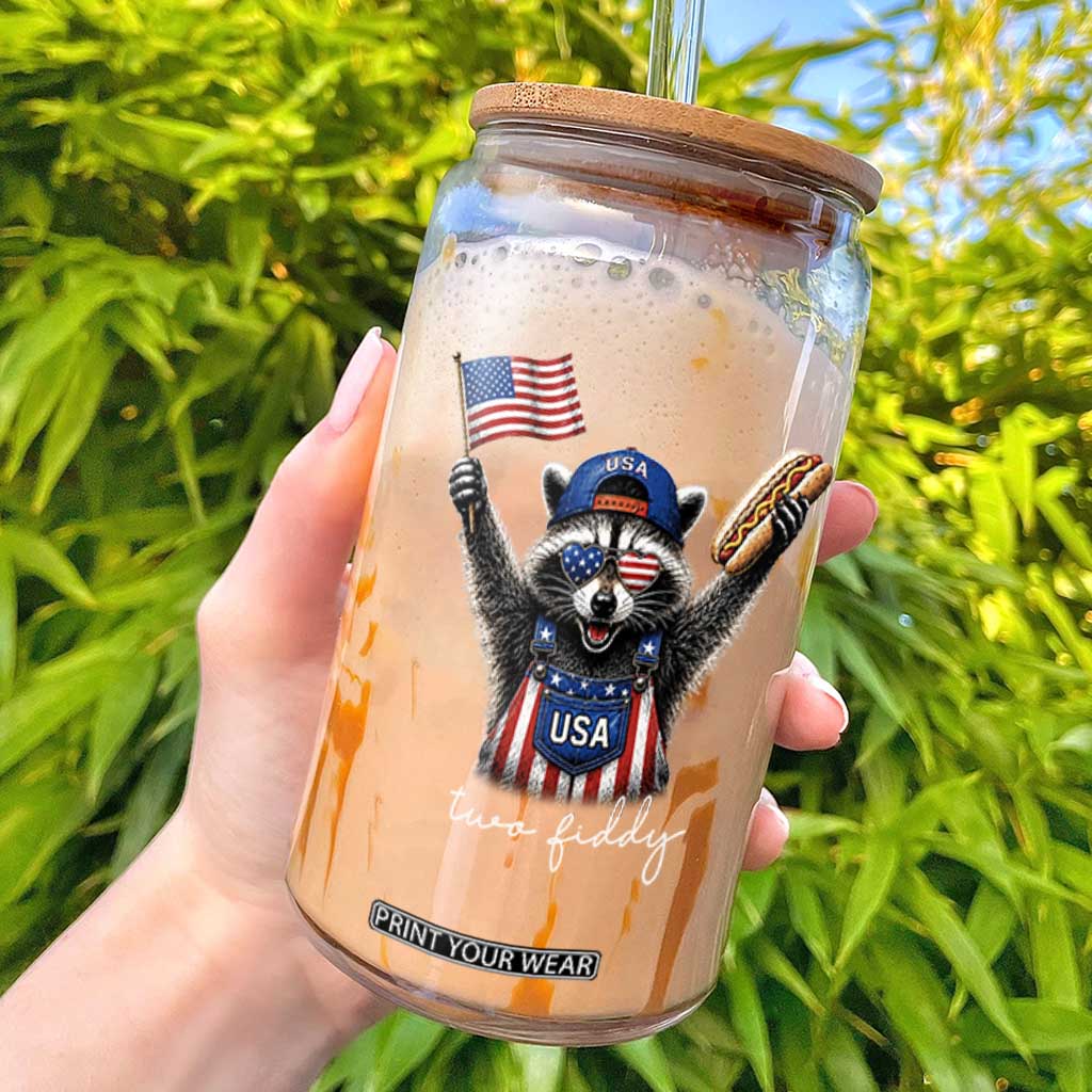 Funny Two Fiddy Raccoon Patriotic Glass Can USA Flag Hot Dog Fourth of July USA 250th Anniversary