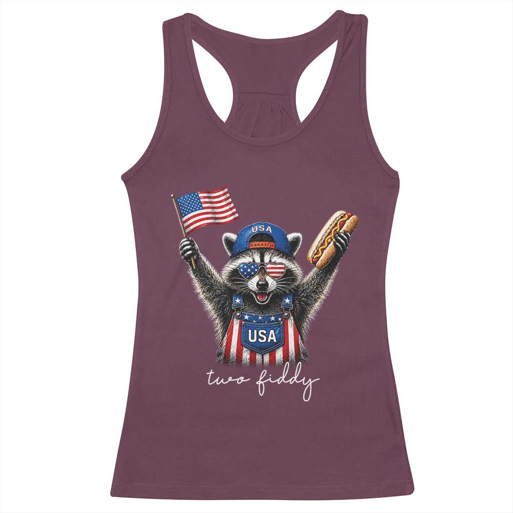 Funny Two Fiddy Raccoon Patriotic Racerback Tank Top USA Flag Hot Dog Fourth of July USA 250th Anniversary