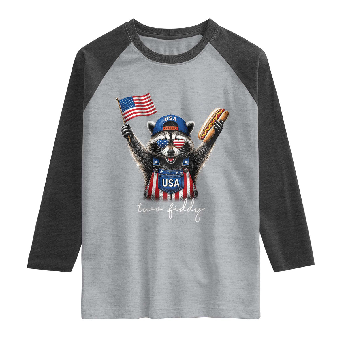 Funny Two Fiddy Raccoon Patriotic Raglan Shirt USA Flag Hot Dog Fourth of July USA 250th Anniversary
