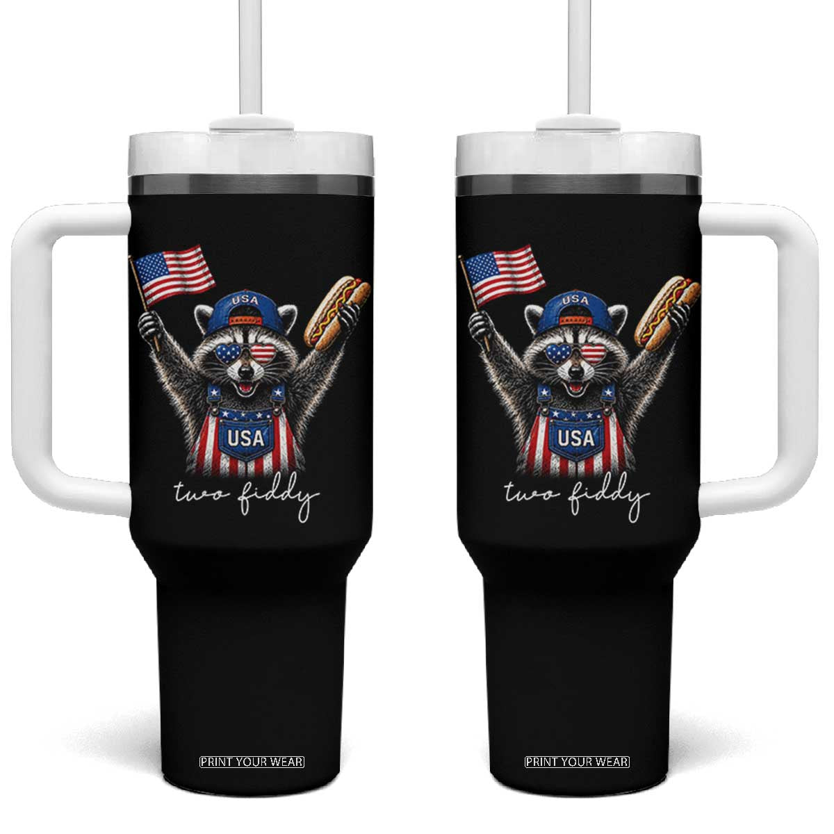 Funny Two Fiddy Raccoon Patriotic Tumbler With Handle USA Flag Hot Dog Fourth of July USA 250th Anniversary TS10 One Size: 40 oz Black Print Your Wear