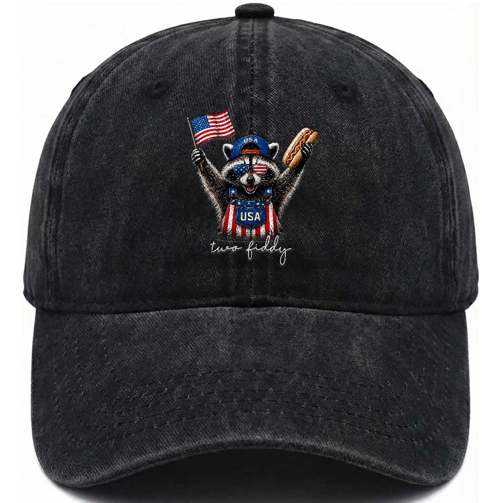 Funny Two Fiddy Raccoon Patriotic Washed Cotton Baseball Cap USA Flag Hot Dog Fourth of July USA 250th Anniversary