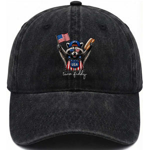 Funny Two Fiddy Raccoon Patriotic Washed Cotton Baseball Cap USA Flag Hot Dog Fourth of July USA 250th Anniversary