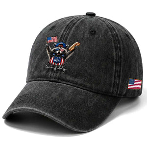 Funny Two Fiddy Raccoon Patriotic Washed Cotton Baseball Cap USA Flag Hot Dog Fourth of July USA 250th Anniversary
