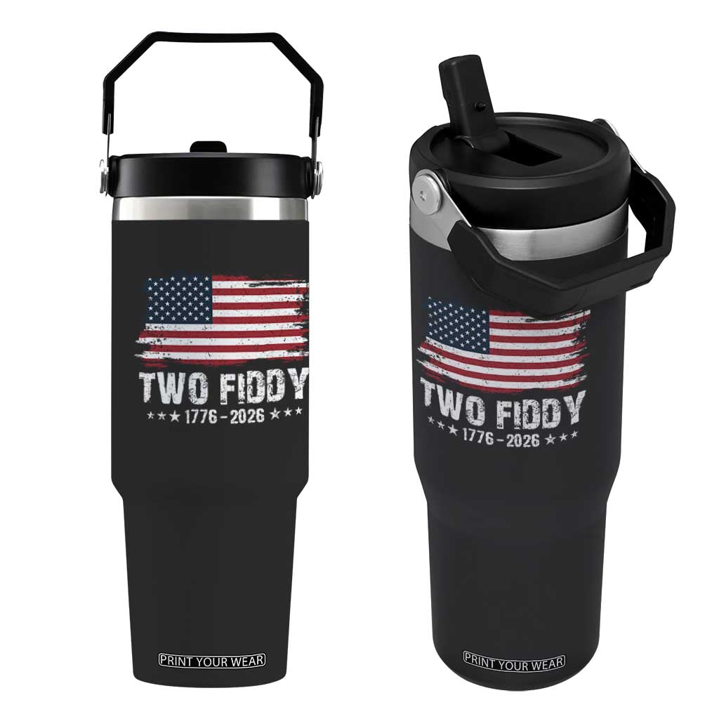 Two Fiddy USA 250th Anniversary Flip Straw Tumbler Vintage American Flag Patriotic Humor