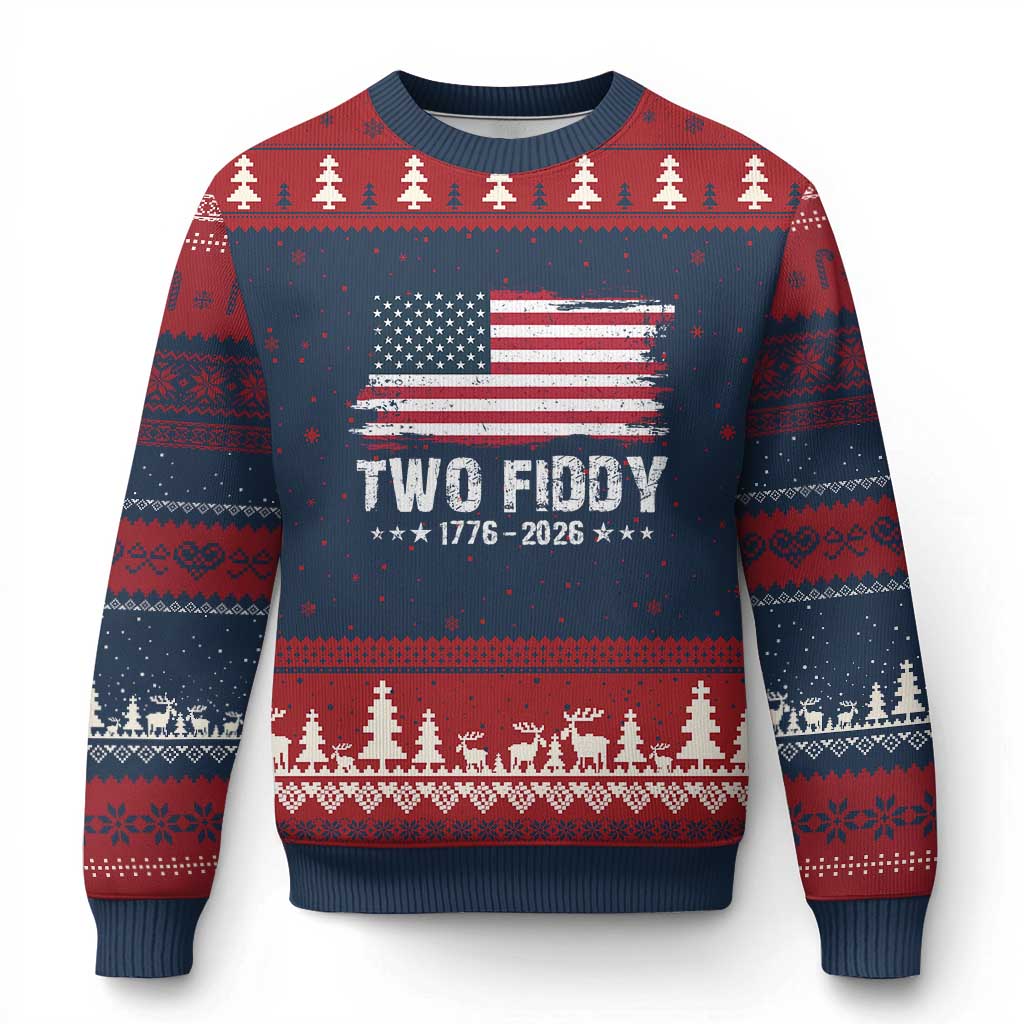 Two Fiddy USA 250th Anniversary Ugly Christmas Sweater Vintage American Flag Patriotic Humor TS10 Navy Red Print Your Wear