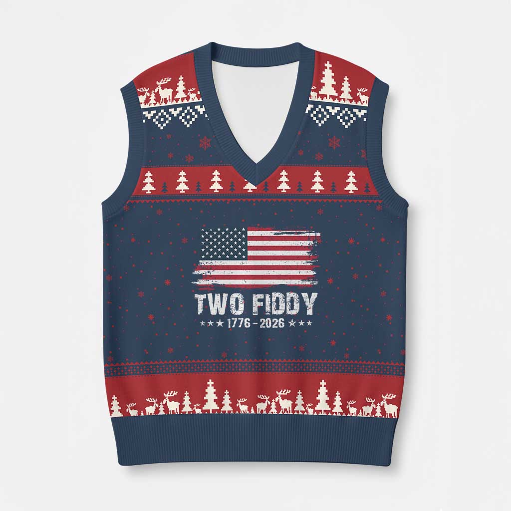 Two Fiddy USA 250th Anniversary V-Neck Knit Sweater Vest Vintage American Flag Patriotic Humor