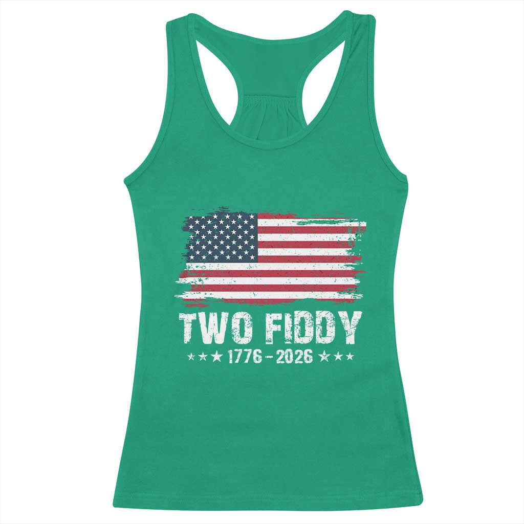 Two Fiddy USA 250th Anniversary Racerback Tank Top Vintage American Flag Patriotic Humor