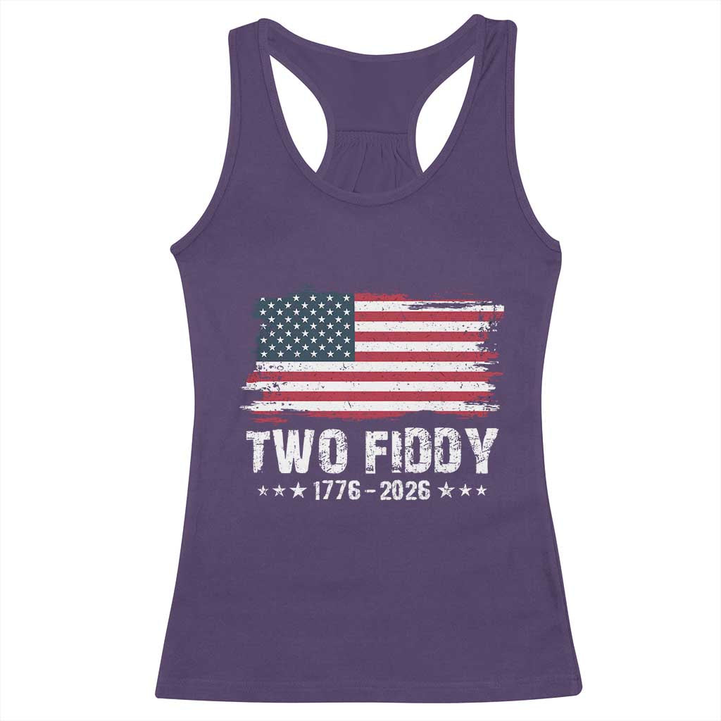 Two Fiddy USA 250th Anniversary Racerback Tank Top Vintage American Flag Patriotic Humor