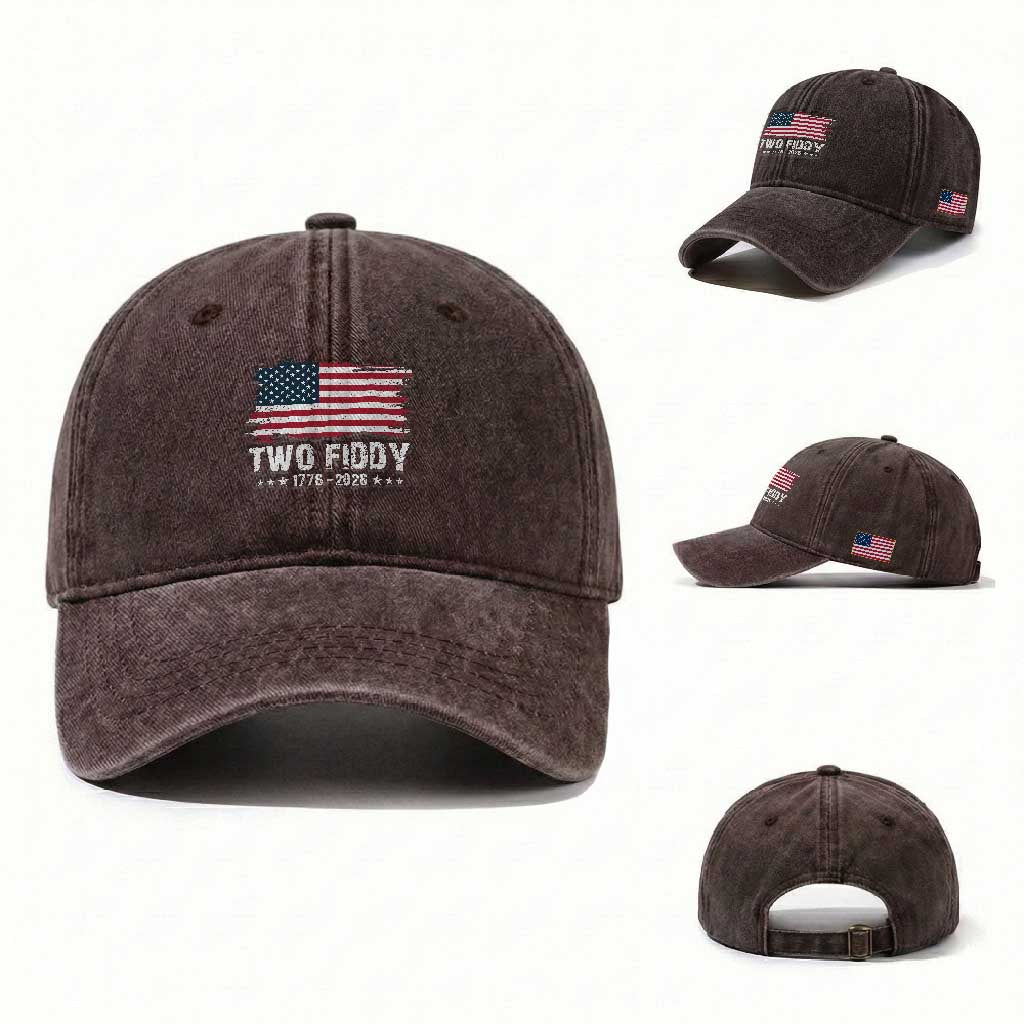 Two Fiddy USA 250th Anniversary Washed Cotton Baseball Cap Vintage American Flag Patriotic Humor