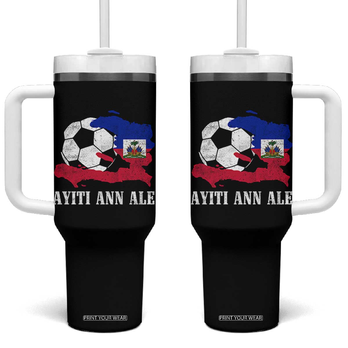 Ayiti Ann Ale Haiti Soccer Tumbler With Handle Haitian Football Fan Pride Flag Graphic Caribbean Sports