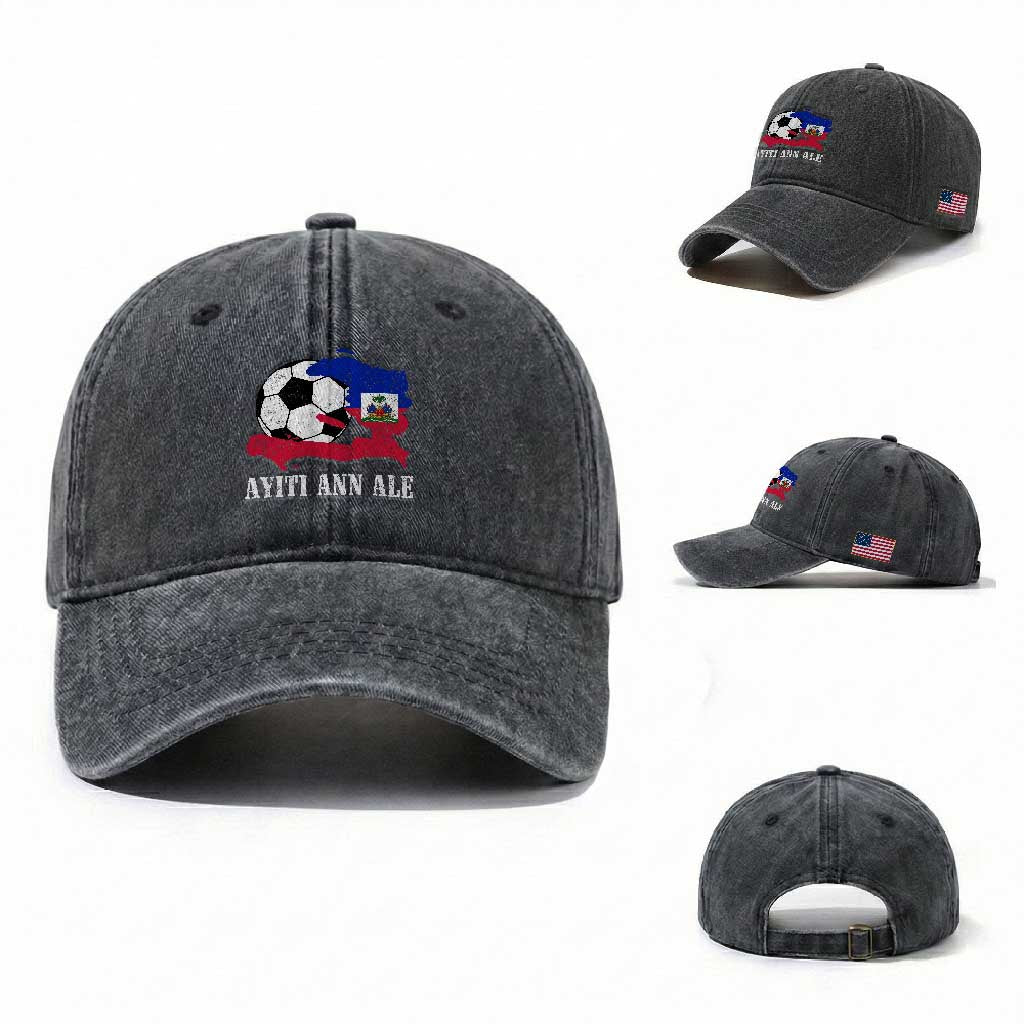 Ayiti Ann Ale Haiti Soccer Washed Cotton Baseball Cap Haitian Football Fan Pride Flag Graphic Caribbean Sports