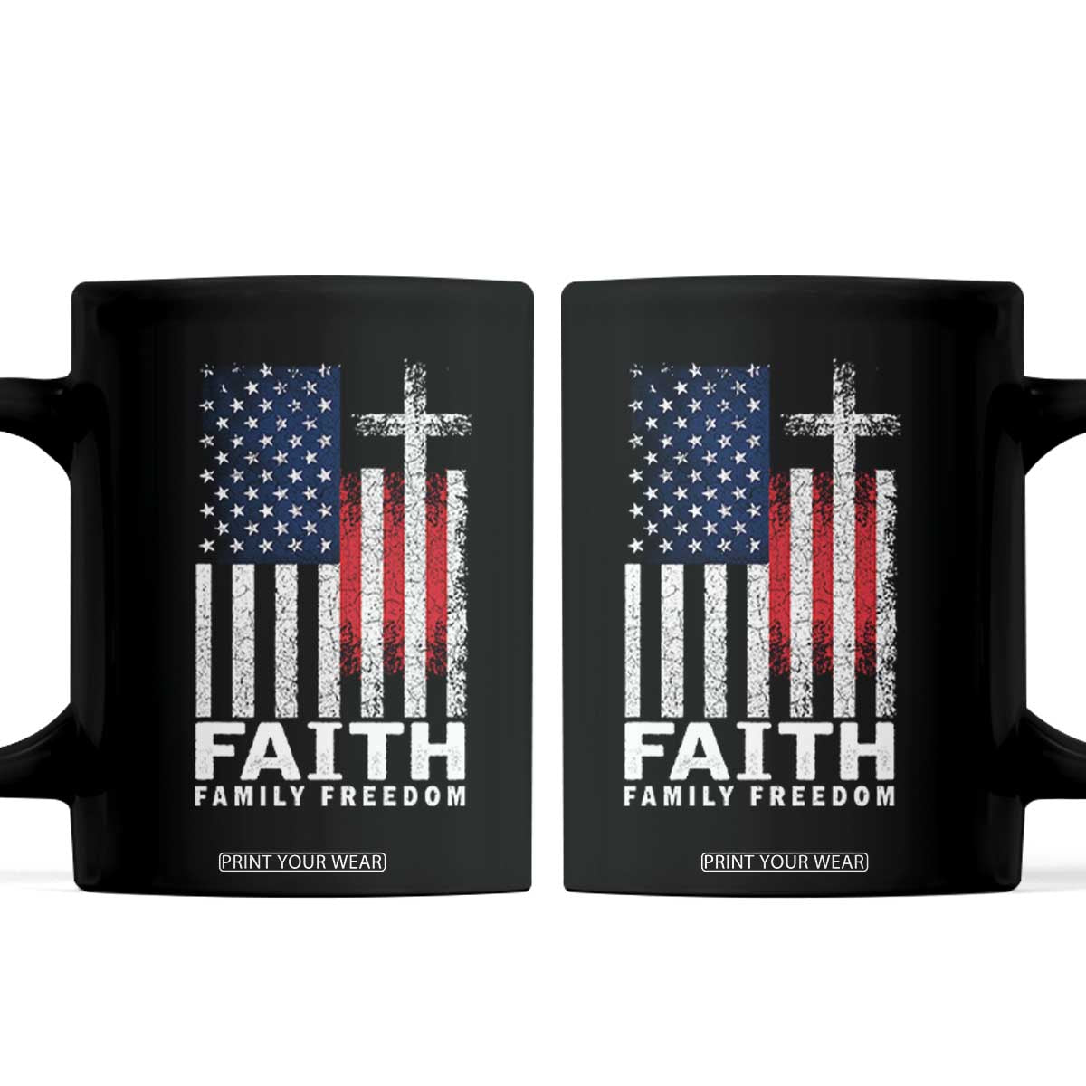 Faith Family Freedom Coffee Mug Charlie Kirk Patriotic Christian Vintage USA Flag TS10 Black Print Your Wear