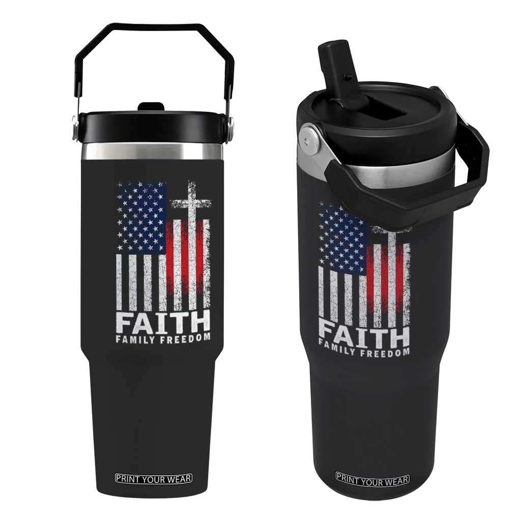 Faith Family Freedom Flip Straw Tumbler Charlie Kirk Patriotic Christian Vintage USA Flag TS10 One Size: 30 oz Black Print Your Wear