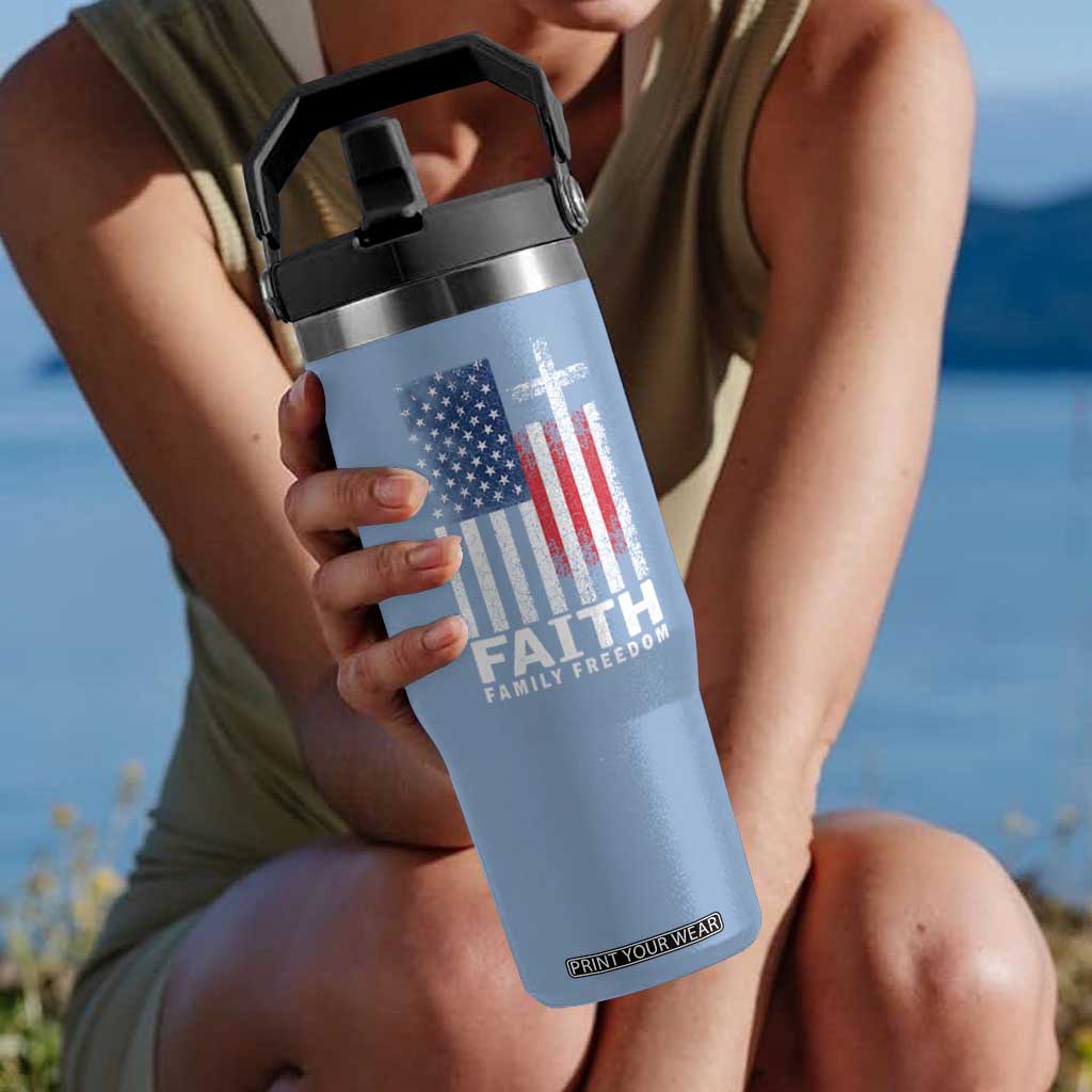 Faith Family Freedom Flip Straw Tumbler Charlie Kirk Patriotic Christian Vintage USA Flag TS10 One Size: 30 oz Light Blue Print Your Wear