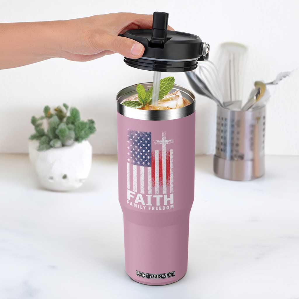 Faith Family Freedom Flip Straw Tumbler Charlie Kirk Patriotic Christian Vintage USA Flag TS10 One Size: 30 oz Light Pink Print Your Wear