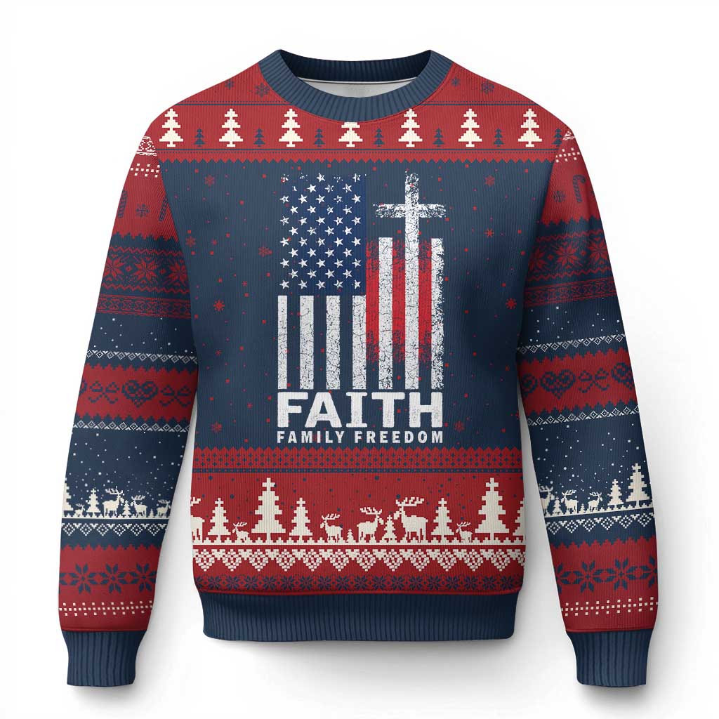Faith Family Freedom Ugly Christmas Sweater Charlie Kirk Patriotic Christian Vintage USA Flag TS10 Navy Red Print Your Wear