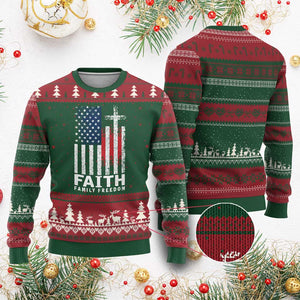 Faith Family Freedom Ugly Christmas Sweater Charlie Kirk Patriotic Christian Vintage USA Flag TS10 Red Green Print Your Wear