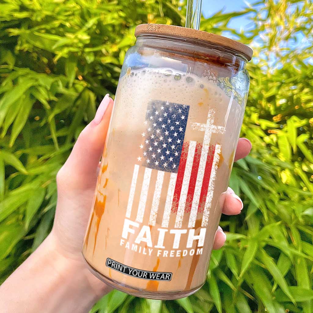 Faith Family Freedom Glass Can Charlie Kirk Patriotic Christian Vintage USA Flag TS10 Black Print Your Wear