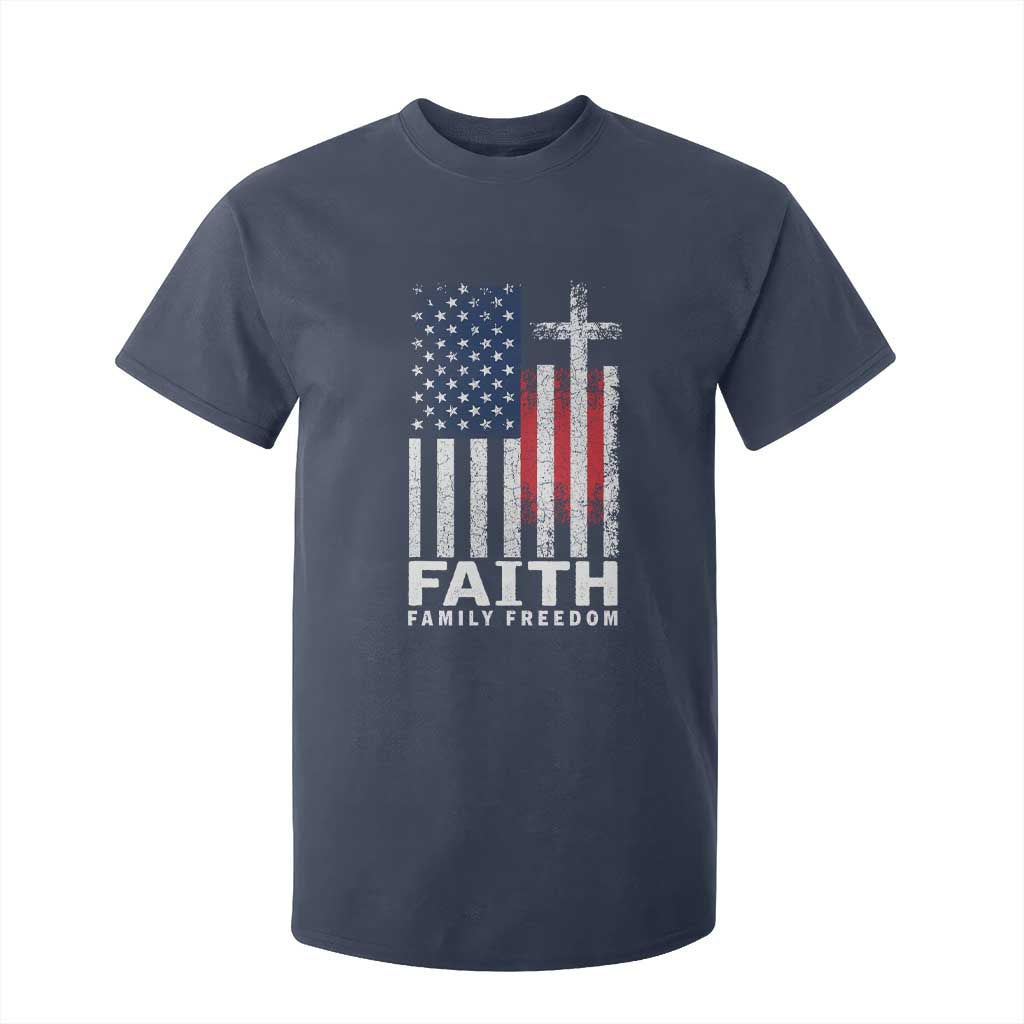 Faith Family Freedom T Shirt For Kid Charlie Kirk Patriotic Christian Vintage USA Flag TS10 Navy Print Your Wear