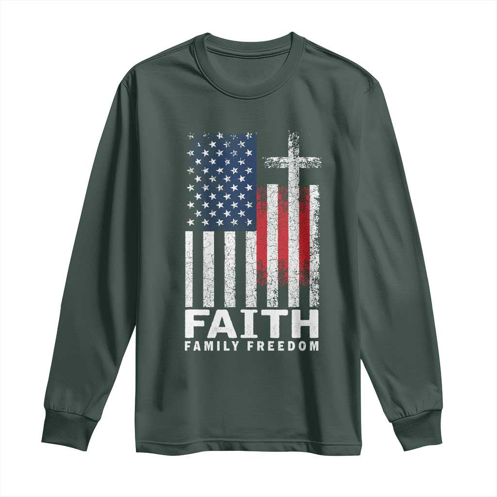 Faith Family Freedom Long Sleeve Shirt Charlie Kirk Patriotic Christian Vintage USA Flag TS10 Dark Forest Green Print Your Wear