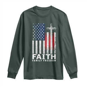 Faith Family Freedom Long Sleeve Shirt Charlie Kirk Patriotic Christian Vintage USA Flag TS10 Dark Forest Green Print Your Wear