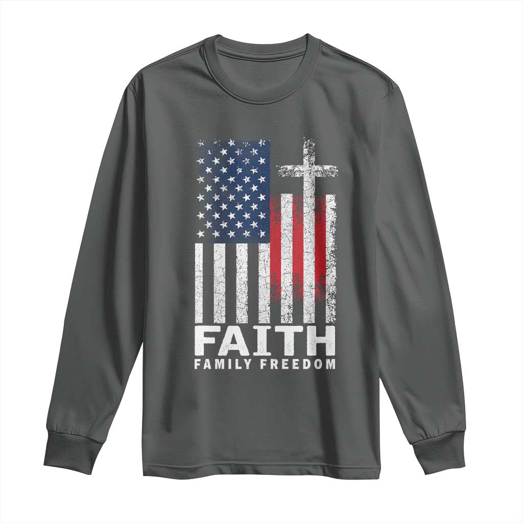 Faith Family Freedom Long Sleeve Shirt Charlie Kirk Patriotic Christian Vintage USA Flag TS10 Dark Heather Print Your Wear