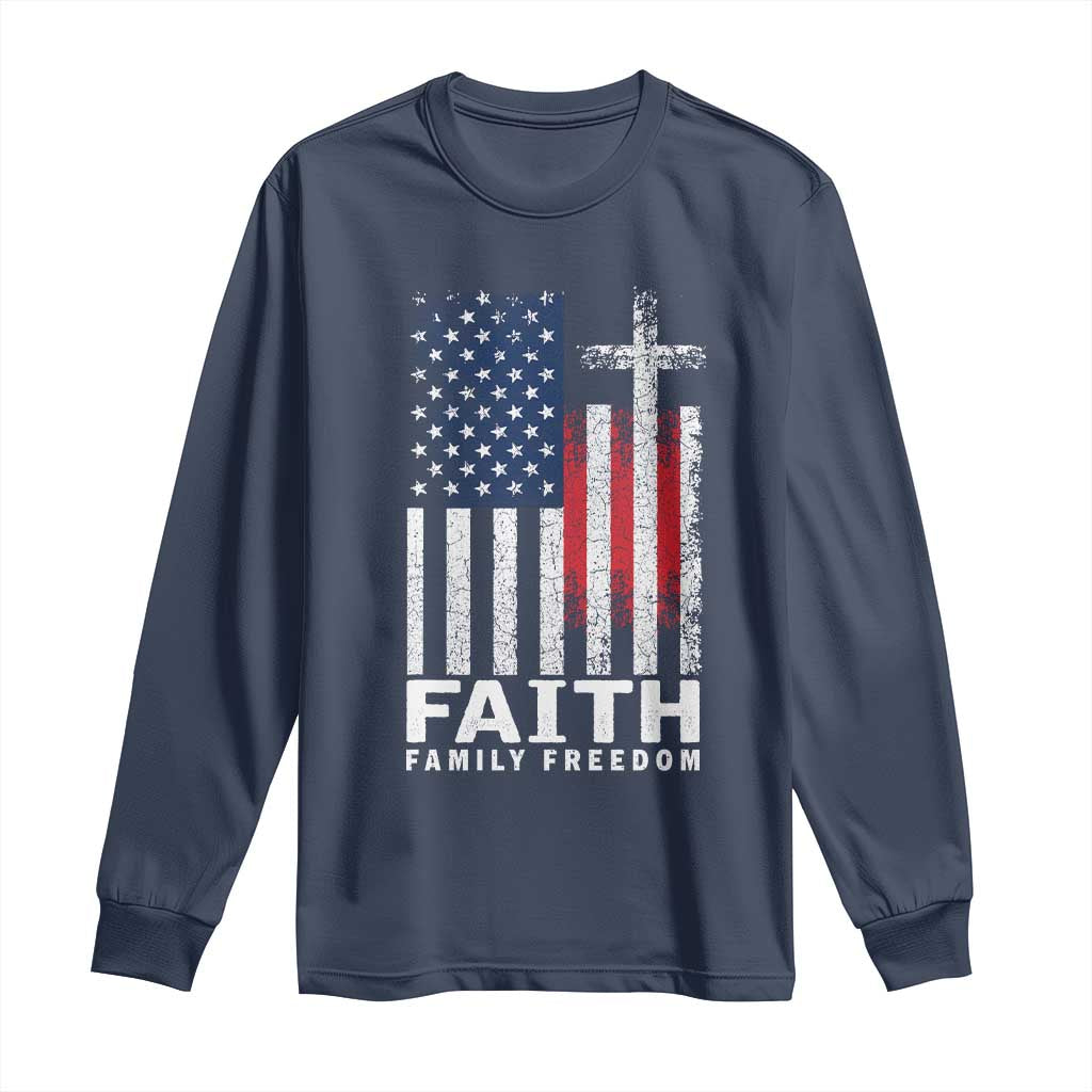 Faith Family Freedom Long Sleeve Shirt Charlie Kirk Patriotic Christian Vintage USA Flag TS10 Navy Print Your Wear