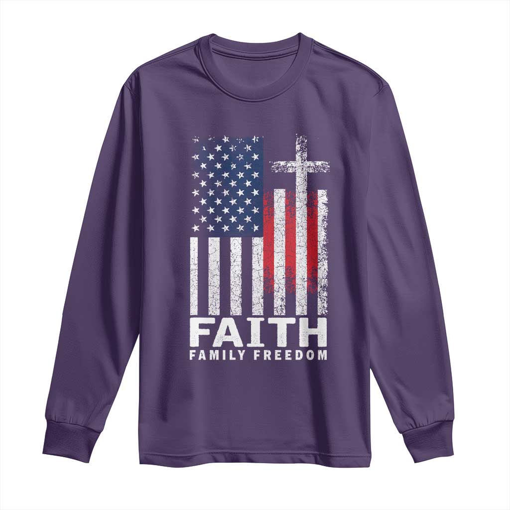 Faith Family Freedom Long Sleeve Shirt Charlie Kirk Patriotic Christian Vintage USA Flag TS10 Purple Print Your Wear