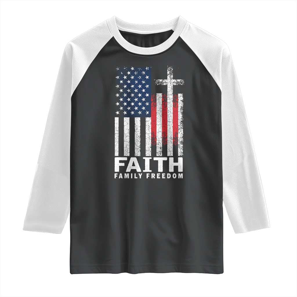 Faith Family Freedom Raglan Shirt Charlie Kirk Patriotic Christian Vintage USA Flag TS10 Black White Print Your Wear