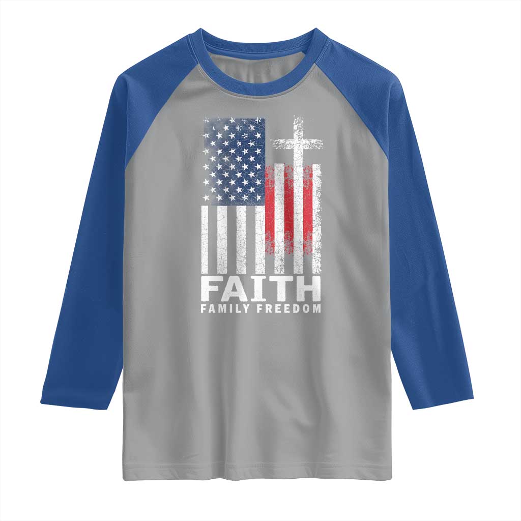Faith Family Freedom Raglan Shirt Charlie Kirk Patriotic Christian Vintage USA Flag TS10 Sport Gray Royal Print Your Wear
