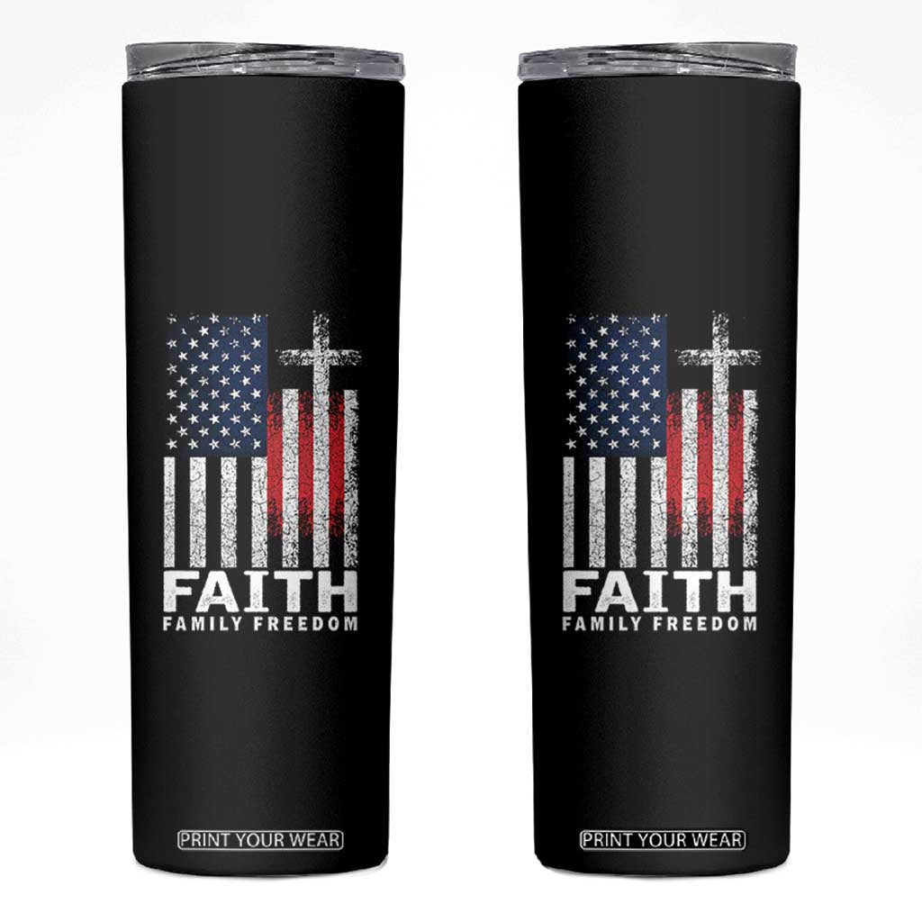 Faith Family Freedom Skinny Tumbler Charlie Kirk Patriotic Christian Vintage USA Flag TS10 Black Print Your Wear