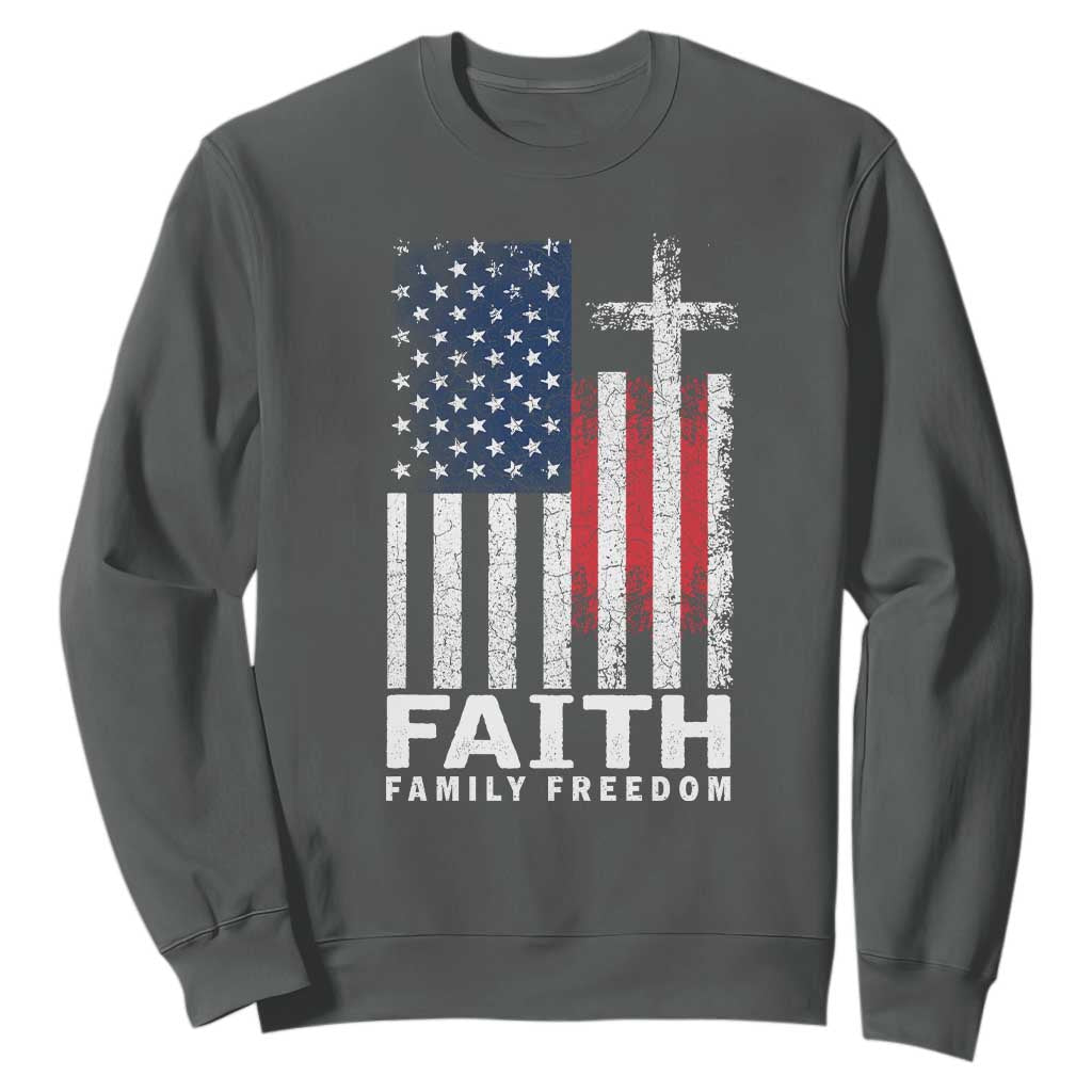 Faith Family Freedom Sweatshirt Charlie Kirk Patriotic Christian Vintage USA Flag TS10 Dark Heather Print Your Wear