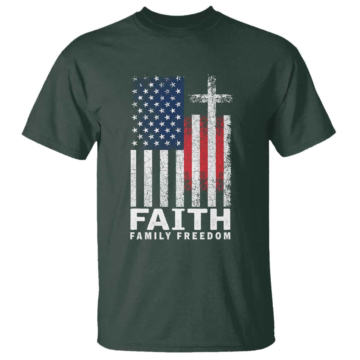 Faith Family Freedom T Shirt Charlie Kirk Patriotic Christian Vintage USA Flag TS10 Dark Forest Green Print Your Wear